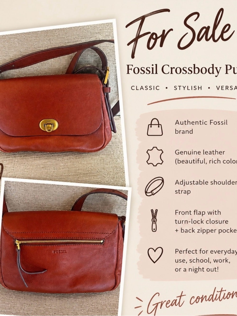 Fossil Leather Crossbody Bag in Warm Chestnut Brown